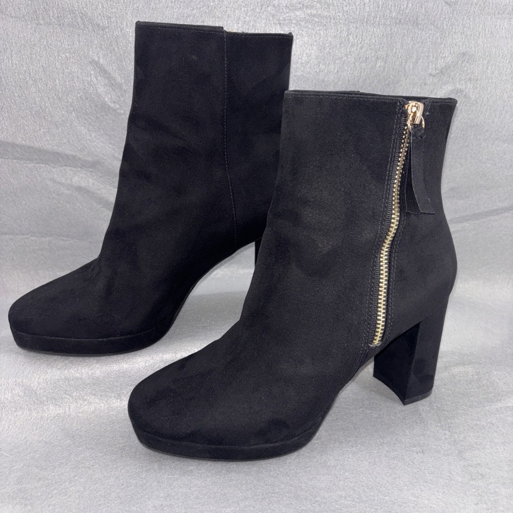 H&M Black Suede Platform High Heel Ankle‎ Boots Womens 6 Gold Tone Side Zip EUC